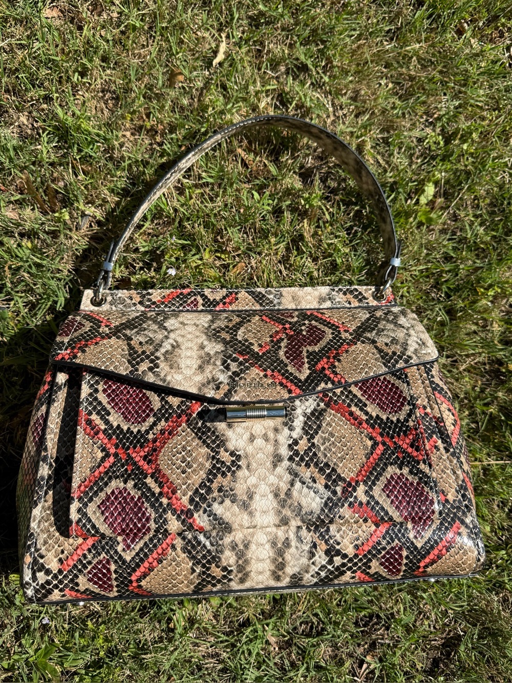 Python-Print Shoulder Bag in Beige, Red and Black